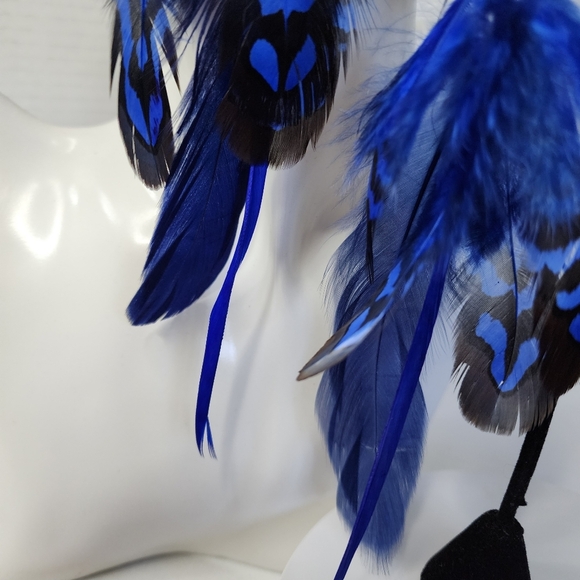 Boho Long Royal Blue Real Feather Earrings - Picture 3 of 7